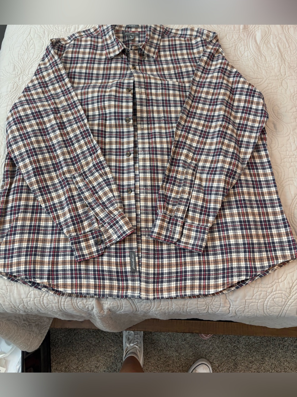 Eddie Bauer Plaid Flannel Shirt in Navy, Brown, Cream & Red